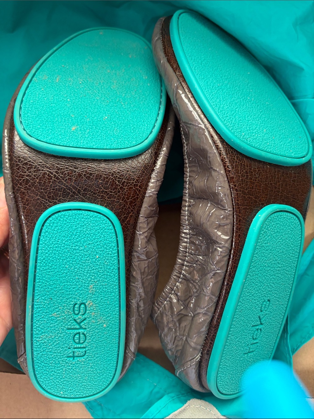 Tieks Crinkle Gray Ballet Flats with Turquoise Soles - Picture 2 of 2